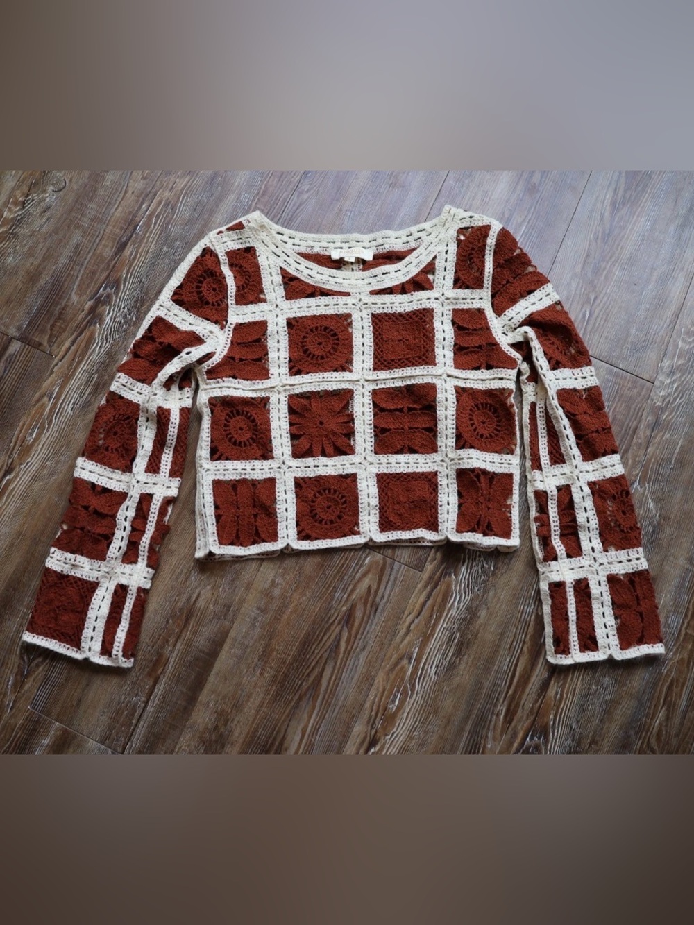 Cropped Crochet Floral Granny Square Sweater Top Hippie Boho Rust Ivory Size S